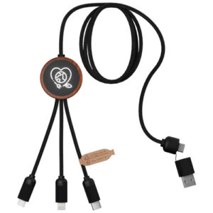 40W nabíjecí kabel 5v1 z rPET se svítícím logem a kulatým dřevěným pouzdrem SCX.design C37 - Dřevo