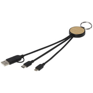 Nabíjecí kabel z recyklovaného plastu/bambusu 6 v 1 s kroužkem na klíče Tecta - Černá