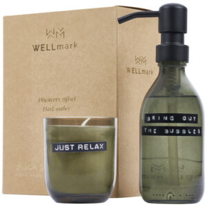 Wellmark Discovery dávkovač mýdla na ruce 200ml a 150g sada vonných svíček – s vůní dark amber - Lesní zelená